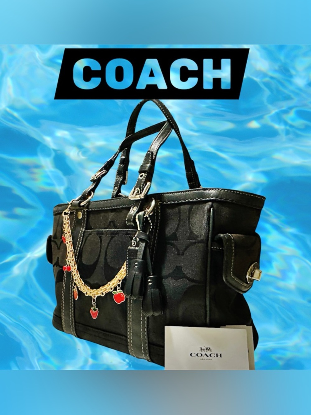 Vintage Coach Y2K soho shoulder Bag Black Signature Tote with cherry chain tote - Picture 4 of 17